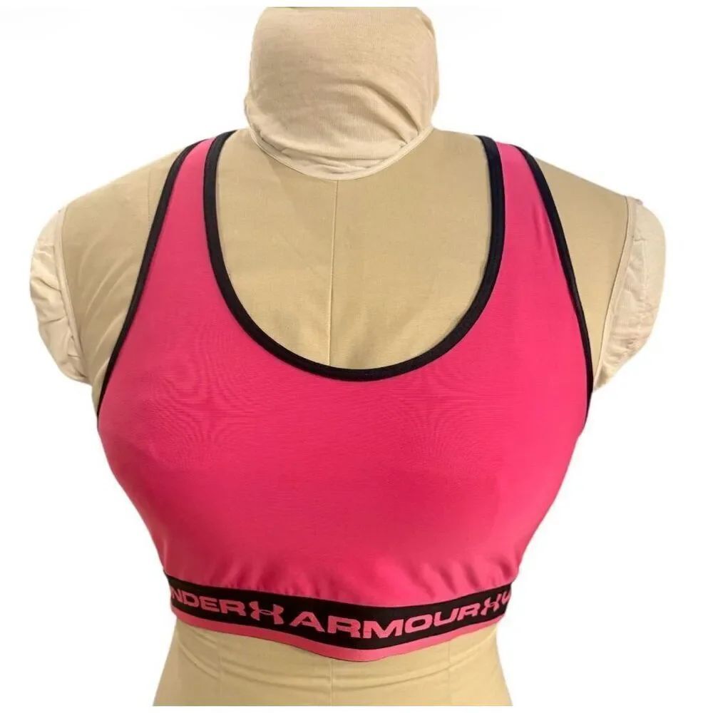 Under Armour Racerback Sports Bra Medium Pink Black Athleisure Fitness Yoga